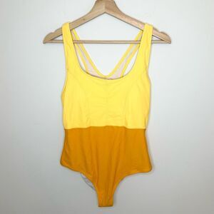 Color block yellow orange cheeky swimsuit with racer back size medium
